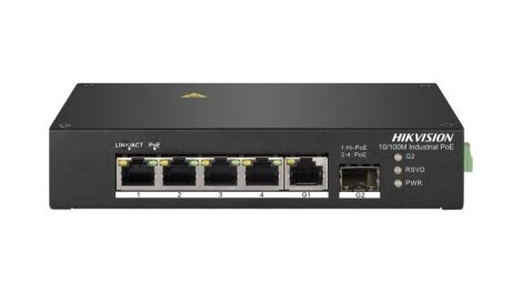 Hikvision DS-3T0306HP 6 portos ipari PoE switch (30 W); 4 PoE / 1 HiPoe / 1 RJ45 + 1 SFP uplink port; nem menedzselhető