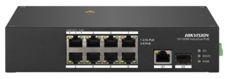 Hikvision DS-3T0310HP 10 portos ipari PoE switch (110 W); 6 PoE / 2 HiPoE / 1 RJ45 + 1 SFP uplink port; nem menedzselhető